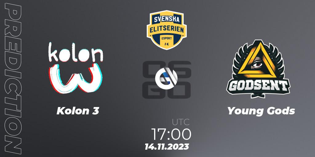 Kolon 3 vs Young Gods: Match Prediction. 14.11.2023 at 17:00, Counter-Strike (CS2), Svenska Elitserien Fall 2023: Online Stage
