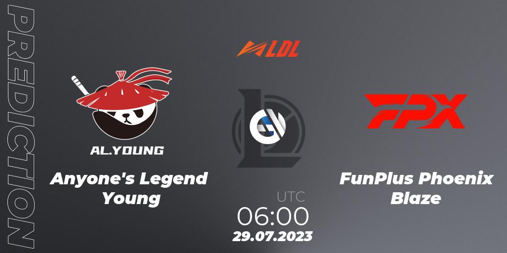 Anyone's Legend Young vs FunPlus Phoenix Blaze: Match Prediction. 29.07.2023 at 06:00, LoL, LDL 2023 - Playoffs