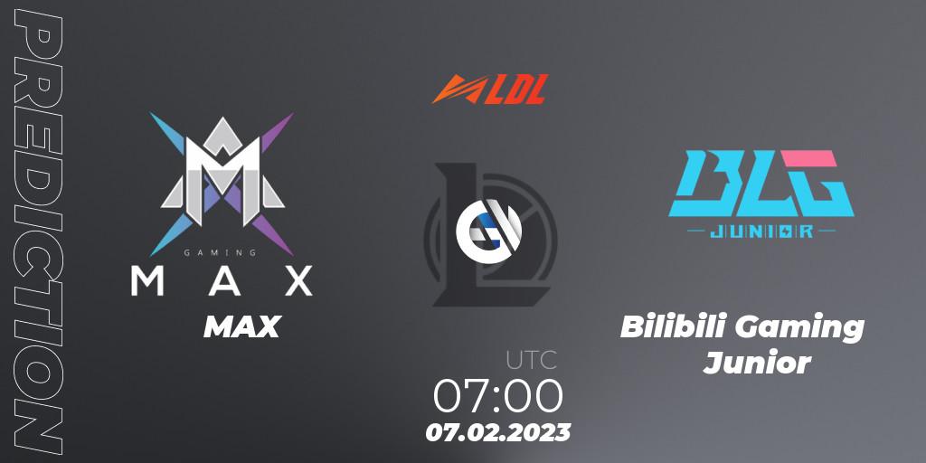 MAX vs Bilibili Gaming Junior: Match Prediction. 07.02.2023 at 06:42, LoL, LDL 2023 - Swiss Stage