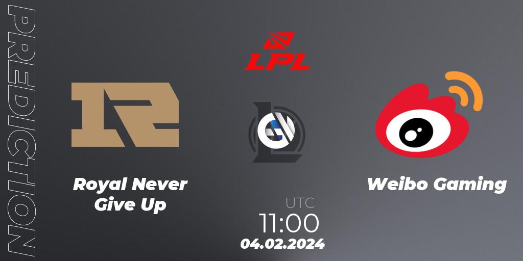 Royal Never Give Up vs Weibo Gaming: Match Prediction. 04.02.2024 at 11:00, LoL, LPL Spring 2024 - Group Stage