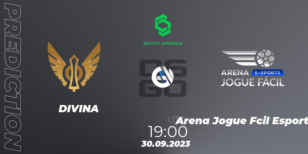 DIVINA vs Arena Jogue Fácil Esports: Match Prediction. 30.09.2023 at 19:00, Counter-Strike (CS2), CCT South America Series #12: Closed Qualifier