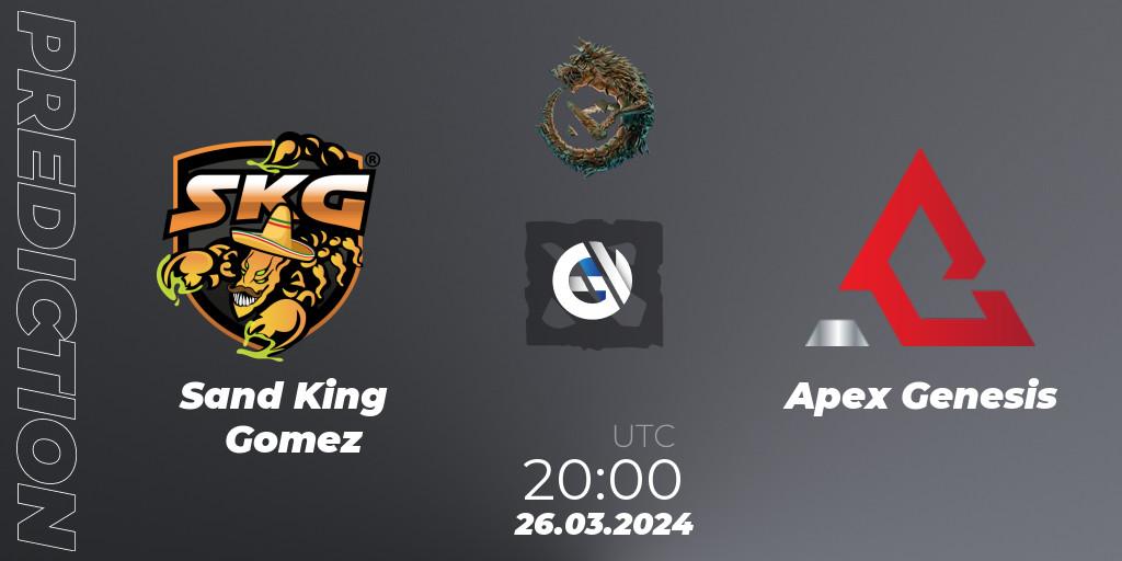 Sand King Gomez vs Apex Genesis: Match Prediction. 26.03.2024 at 20:00, Dota 2, PGL Wallachia Season 1: North America Closed Qualifier