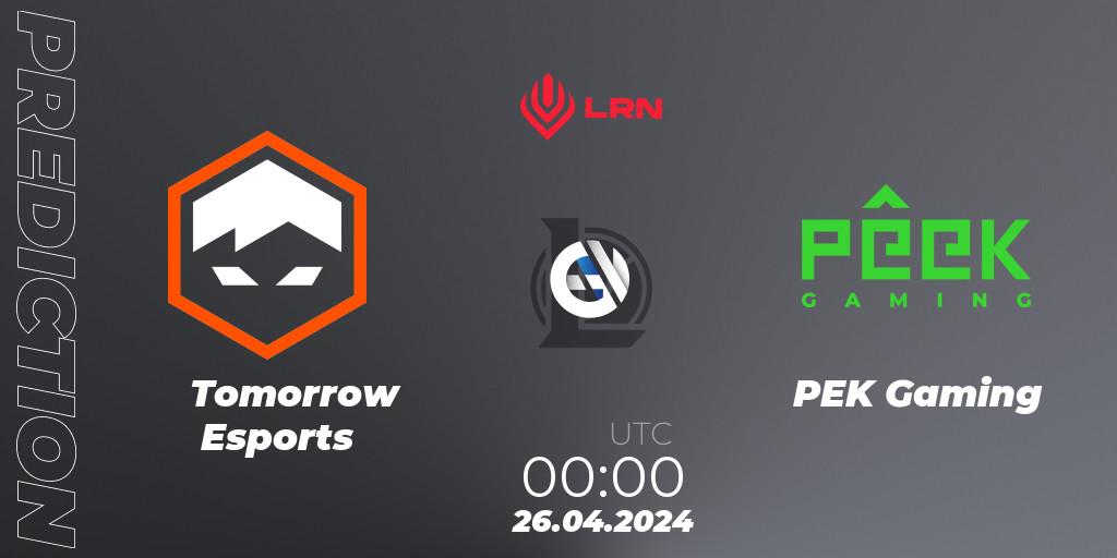 Tomorrow Esports vs PÊEK Gaming: Match Prediction. 26.04.2024 at 00:00, LoL, Liga Regional Norte 2024