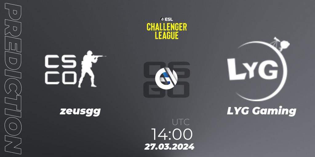 zeusgg vs LYG Gaming: Match Prediction. 27.03.2024 at 14:00, Counter-Strike (CS2), ESL Challenger League Season 47: Asia