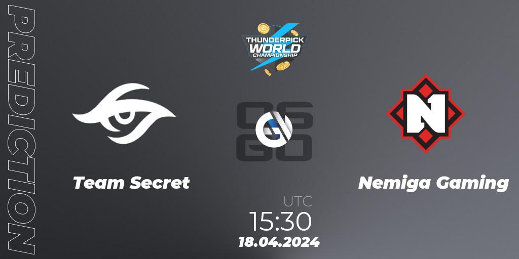 Team Secret vs Nemiga Gaming: Match Prediction. 18.04.2024 at 15:30, Counter-Strike (CS2), Thunderpick World Championship 2024: European Series #1