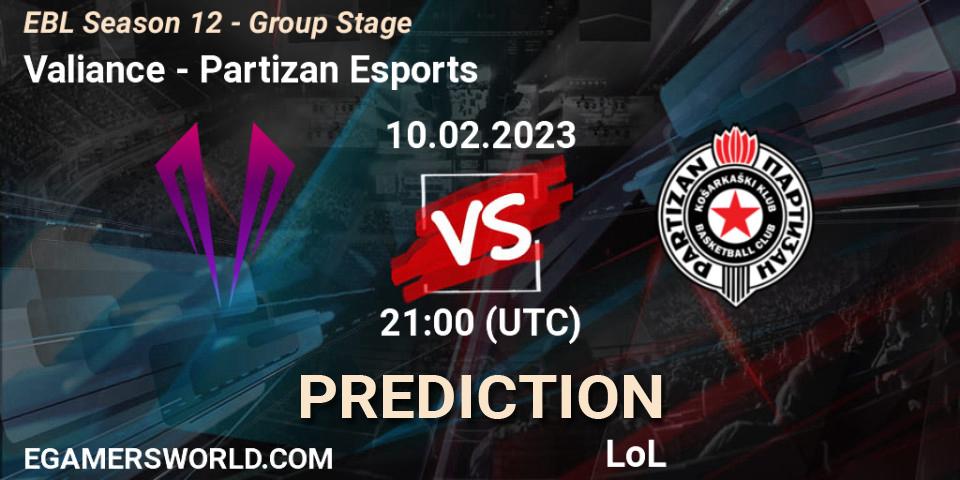 Valiance vs Partizan Esports: Match Prediction. 10.02.23, LoL, EBL Season 12 - Group Stage