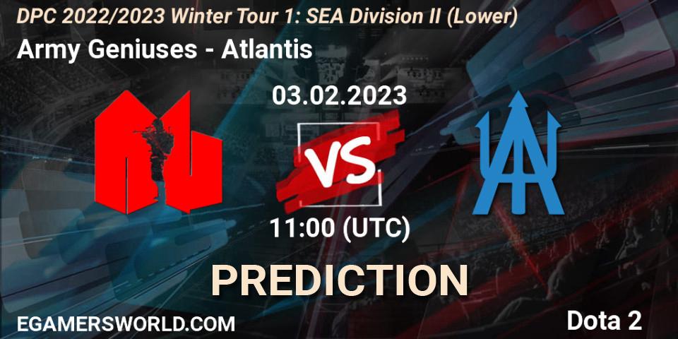 Army Geniuses vs Atlantis: Match Prediction. 03.02.23, Dota 2, DPC 2022/2023 Winter Tour 1: SEA Division II (Lower)